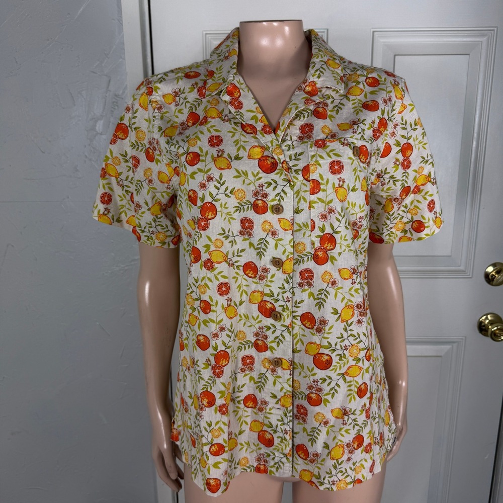 Duluth Women's Shirt Small Button Lemon Orange Floral Hemp Organic Cotton I3-3